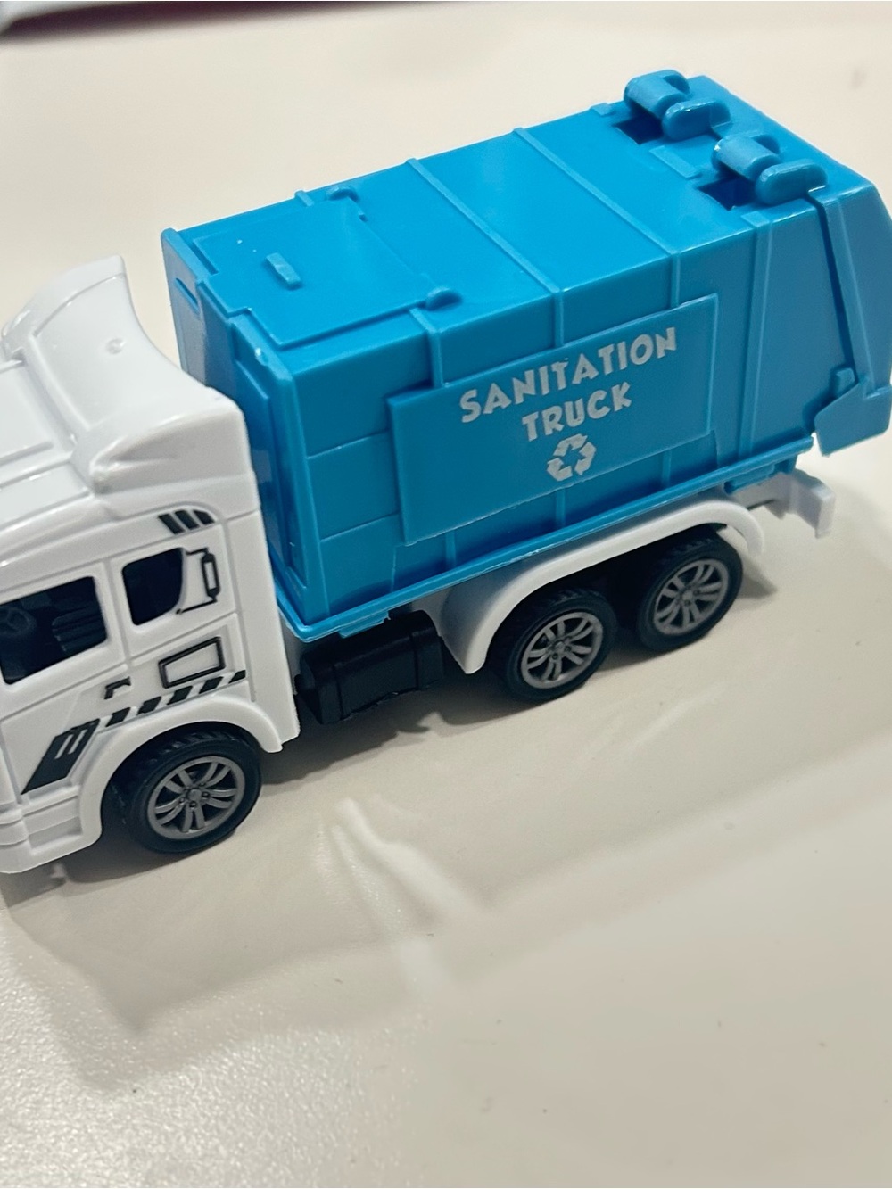 Sanitation Truck Toy - White and Blue Recycling Vehicle for Kids